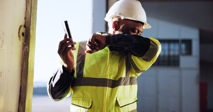 Construction, sick and man cough outdoor with phone for communication, planning and inspection. Engineering, smartphone and contractor with allergies, dust and chest infection at building site