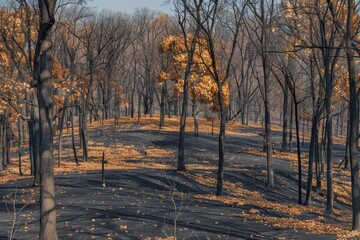 Burned forest landscape after wildfire showing blackened ground and charred trees amid fall colors