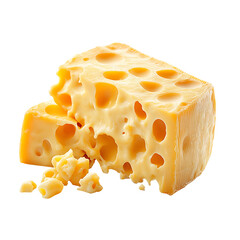 Chunk of swiss cheese with holes and crumbs isolated on transparent background
