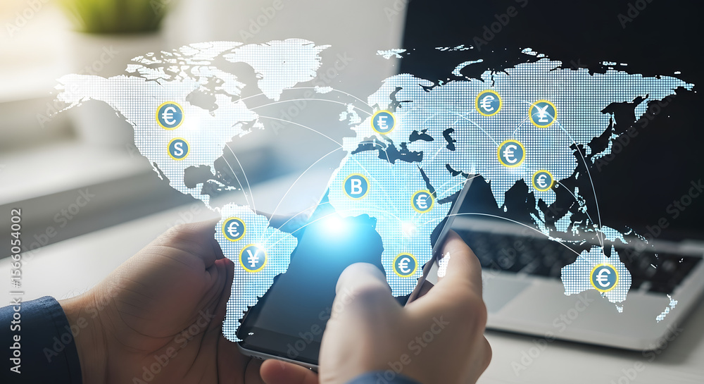 Poster person using a smartphone with a global network overlay, connecting different locations.