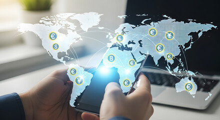 Person using a smartphone with a global network overlay, connecting different locations.