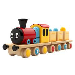 Colorful wooden toy train with engine and cargo on wheels isolated on transparent background