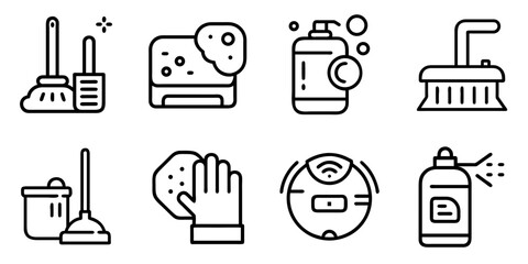 Set of 8 simple linear vector icons for house cleaning products  
