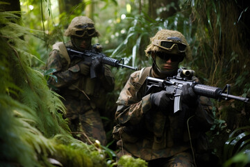 Fototapeta premium Soldiers in Camouflage Gear Navigating Dense Jungle Terrain