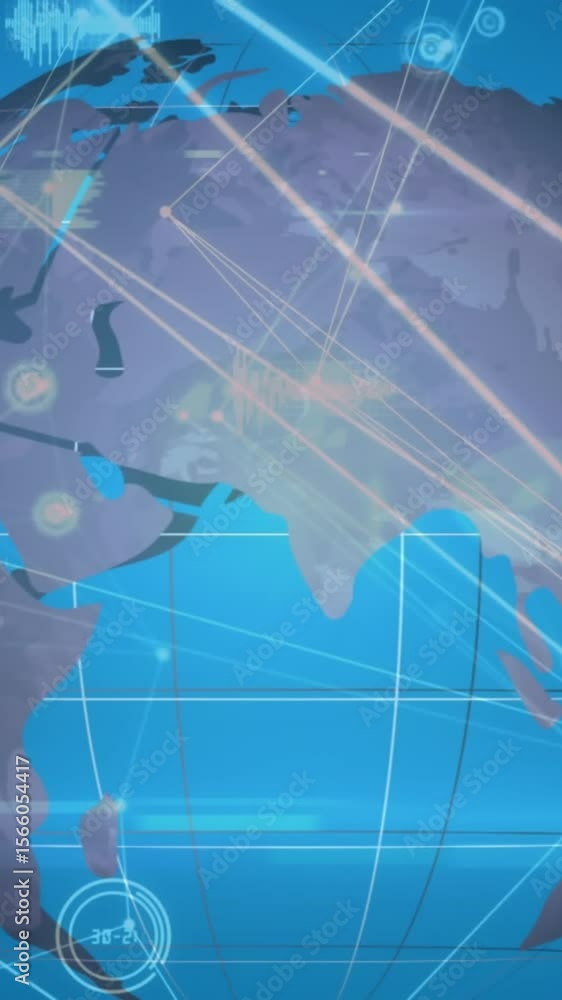 Poster animation of connected dots with graph icons and rotating globe over blue background