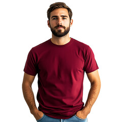 Confident young man in maroon t-shirt standing casual isolated on transparent background