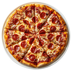 Classic pepperoni pizza with melted cheese on white plate isolated on transparent background