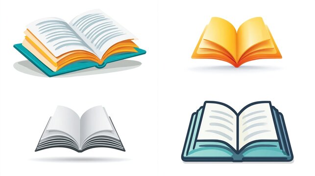 Four open books with different colors, styles, and orientations on a white background