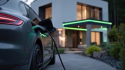 Fototapeta premium Electric car charging at a modern home, showcasing sustainable living and technological advancements in a tranquil evening setting.