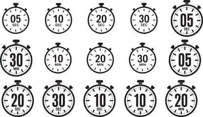 Timer and Stopwatch Icon Set – Countdown Clock Symbols with 5 to 30 Seconds and Minutes – Vector and Transparent PNG