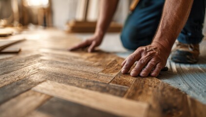 Skilled hands carefully lay down rich, warm-toned wood flooring, creating a beautiful herringbone pattern.