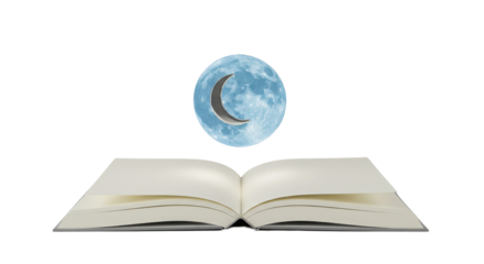 Open book with blue moon and crescent above isolated on white