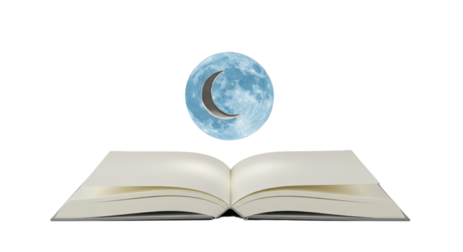 Conceptual Open Blank Book with Magical Floating Blue Moon Graphic isolated on Transparent Background