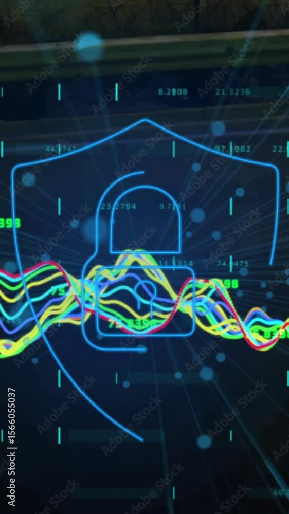 Poster animation of multiple graphs with changing numbers, glitch technique, padlock in shield