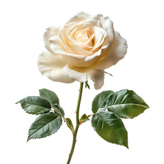 Elegant white rose flower with green leaves isolated on transparent background