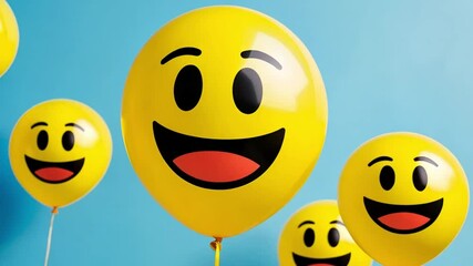 yellow balloons with smiley face prints, world emoji day celebration cheerful party atmosphere concept of joyful events social media trends