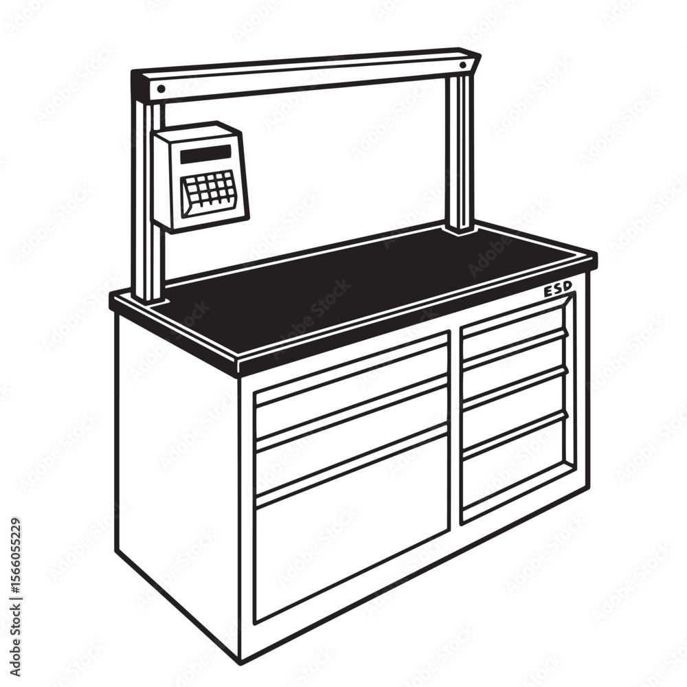 Poster illustration of an esd work bench with a calibration display and drawers