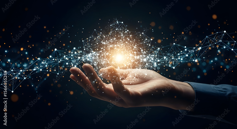 Poster a hand holds a glowing, digital network of interconnected points, suggesting technological innovatio