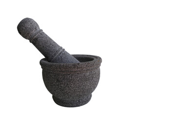 A large mortar and pestle sits on a white background. The mortar is made of stone handle. Concept of tradition and craftsmanship