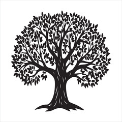 Naklejka premium Stylized black silhouette of a large deciduous tree with a full canopy on a white background