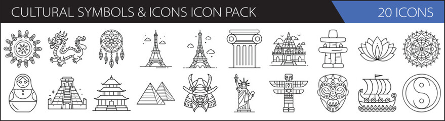 Cultural Heritage & Traditional Symbols Icon Set – 20 Outline Style Icons