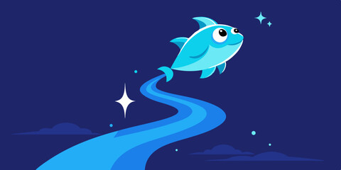 Fototapeta premium Cartoon Fish Jumping From Magical Glowing Stream