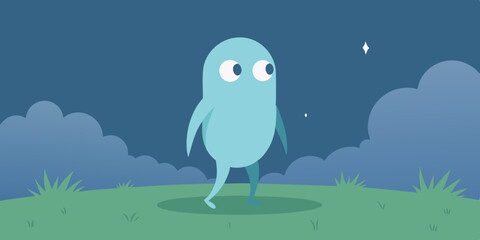 Cartoon Glowing Spirit Walking Through Fog Covered Landscape