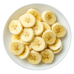 Fresh banana slices in white bowl isolated on transparent background