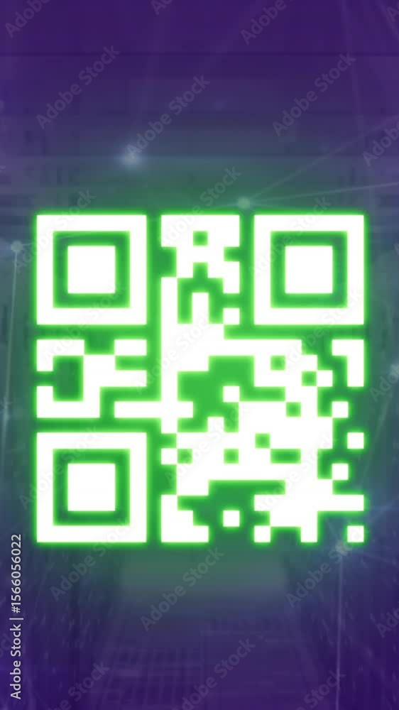 Poster animation of neon qr code scanner and glowing network of connections against computer server room
