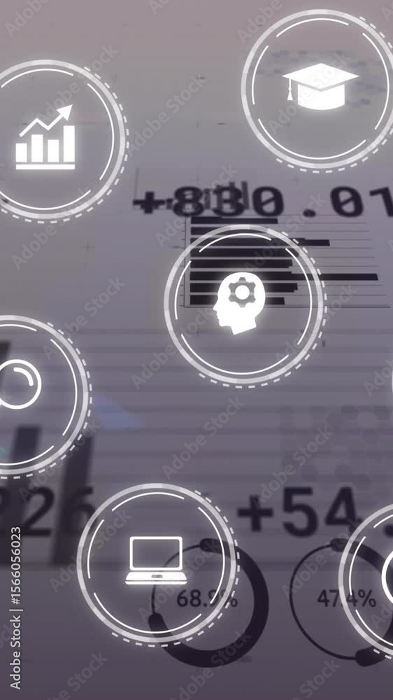 Poster animation of multiple digital icons over statistical data processing against grey background