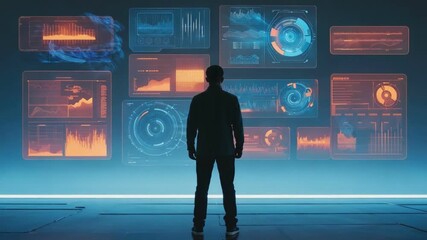 Navigating the Data Universe: A silhouette of a figure stands before a futuristic display, his gaze fixed upon the complex data visualizations presented. - Powered by Adobe