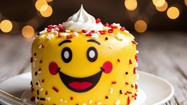 happy smiley face cake with colorful frosting on festive table world emoji day celebration delicious dessert baking concept of joyful party food