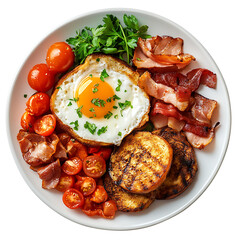 Full breakfast plate with egg bacon tomato and toast isolated on transparent background