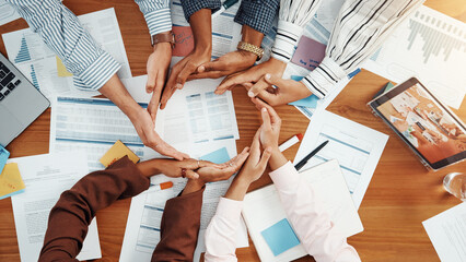 Circle, hands together and documents with business people in office for meeting, agreement and...
