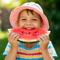 Happy Child Eating Watermelon Outdoors