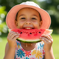 Happy Child Eating Juicy Watermelon Slice