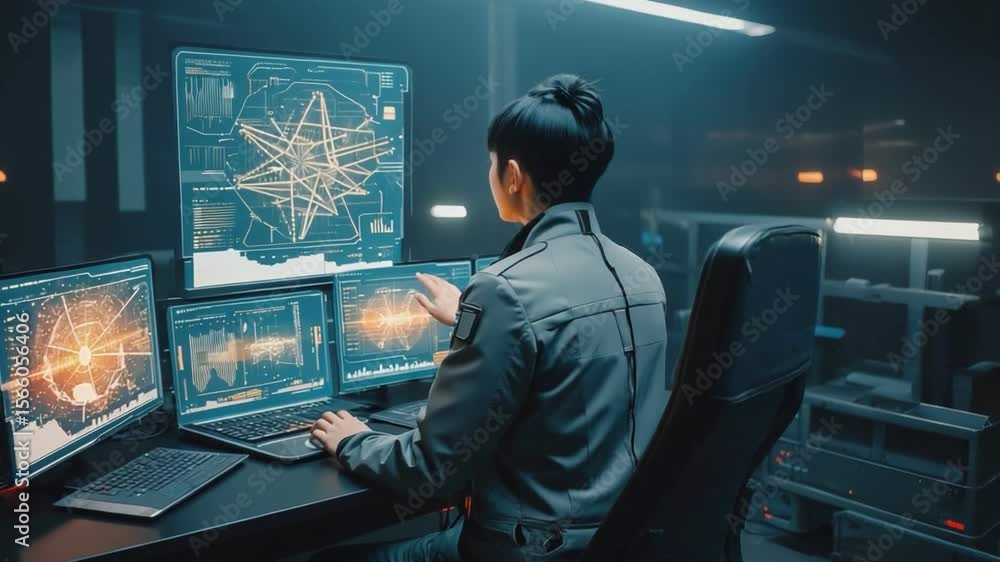 Wall mural cyber navigator: an individual focuses on navigating intricate data displays, immersed in a futurist