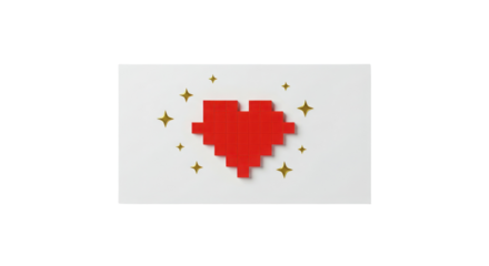 Red pixel heart with golden stars on white background