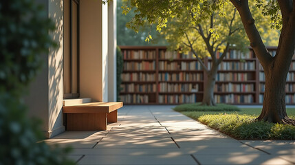 Open Courtyard with Bookshelves and Tree Shadows in Natural Light
