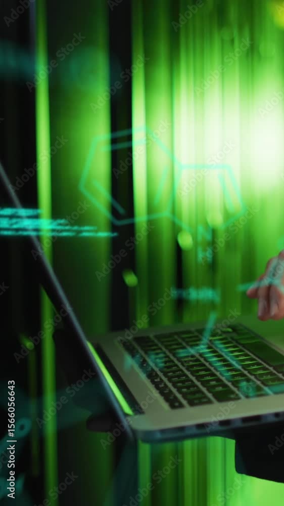 Poster animation of data processing against mid section of male engineer using laptop at server room