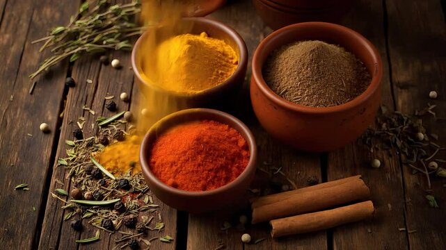 Aromatic Spices Culinary Herbs Rustic Wooden Background Food Photography Still Life Vibrant Colors Turmeric Paprika Cumin Cinnamon Peppercorns Rosemary Thyme Indian Cuisine Middle Eastern Spices