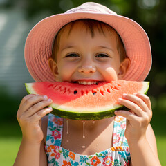 Happy Child Enjoying Watermelon in Summer
