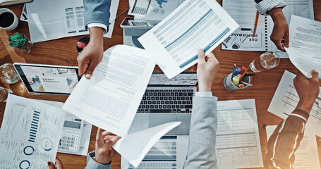 Documents, meeting and planning with hands of business people for expenditure report, budget and...