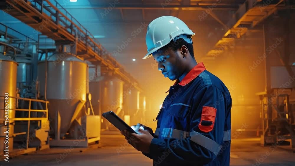 Canvas Prints factory foreman's inspection: a focused foreman meticulously reviews data on a tablet within a moder