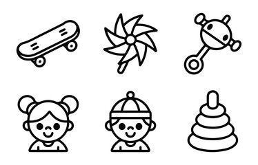 Children's Toys and Cute Kids Outline Icons Set.