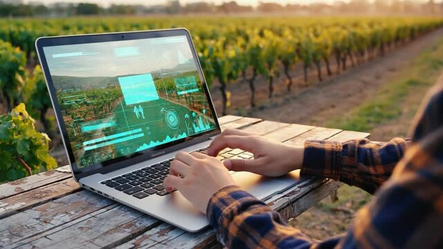 Precision Farming with Laptop: Innovative Farmer managing vineyard using the laptop and monitoring data to optimize crop production against lush field during sunset.