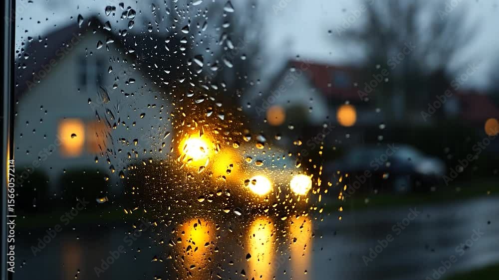 Poster raindrops on a window with blurred buildings and a generic car with illuminated headlights in the ba