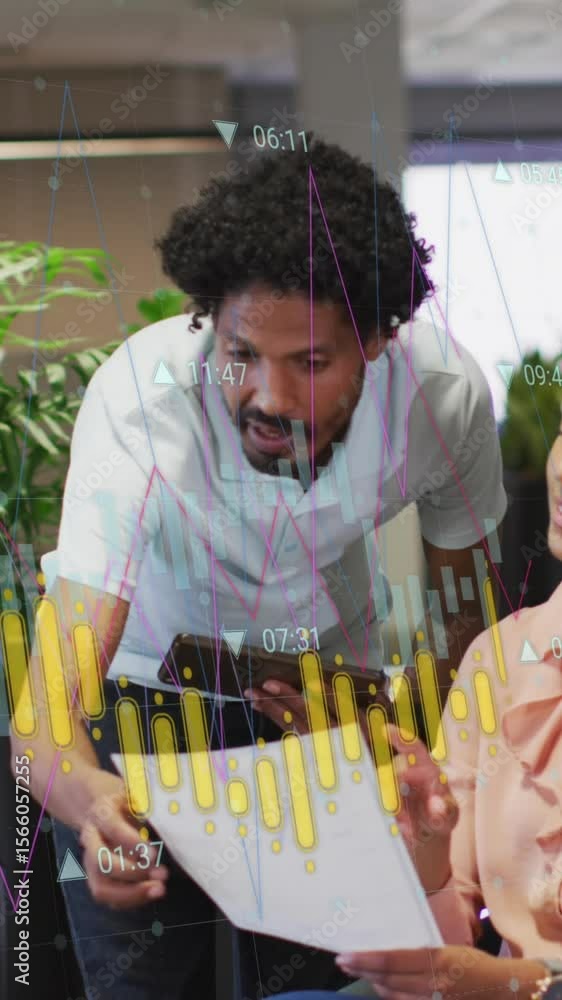 Poster animation of data processing against diverse man and woman discussing over document at office
