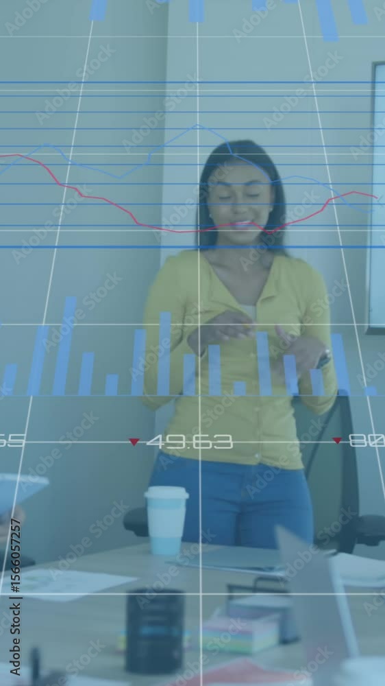 Poster animation of statistical data processing against woman giving a presentation at office