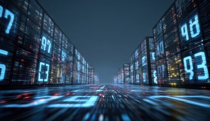 Futuristic digital highway of glowing data streams and server racks stretches into the night, a vibrant vision of technological advancement.